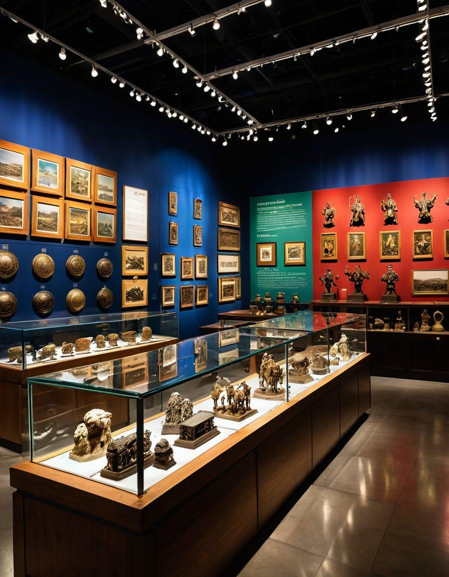 A vibrant museum scene showcasing a variety of educational exhibits and collectible artifacts, highlighting different cultures and historical periods. A diverse group of visitors, including families and students, engaging with interactive displays while curators explain the significance of the collections. The ambiance is bright and inviting, with attention to details like labels and lighting that emphasizes the artifacts. super-realistic. vibrant colors. 3D.