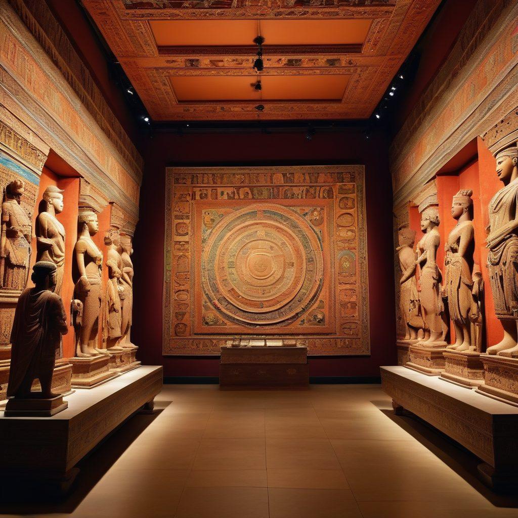 A captivating scene inside a museum showcasing diverse cultural artifacts, with visitors admiring intricately designed exhibits from various civilizations. Include elements like vibrant textiles, ancient pottery, and ornate sculptures, all under soft, warm lighting that enhances their beauty. The atmosphere should evoke curiosity and appreciation for history, with the excitement of exploration reflected in the visitors' expressions. super-realistic. vibrant colors. soft lighting.